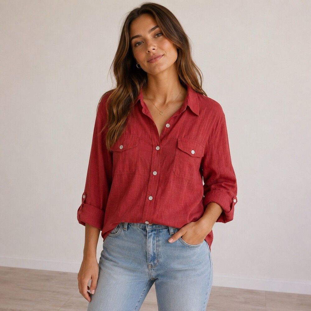 Chico's Red Button Down Shirt Blouse Lightweight Cotton Summer Sz large